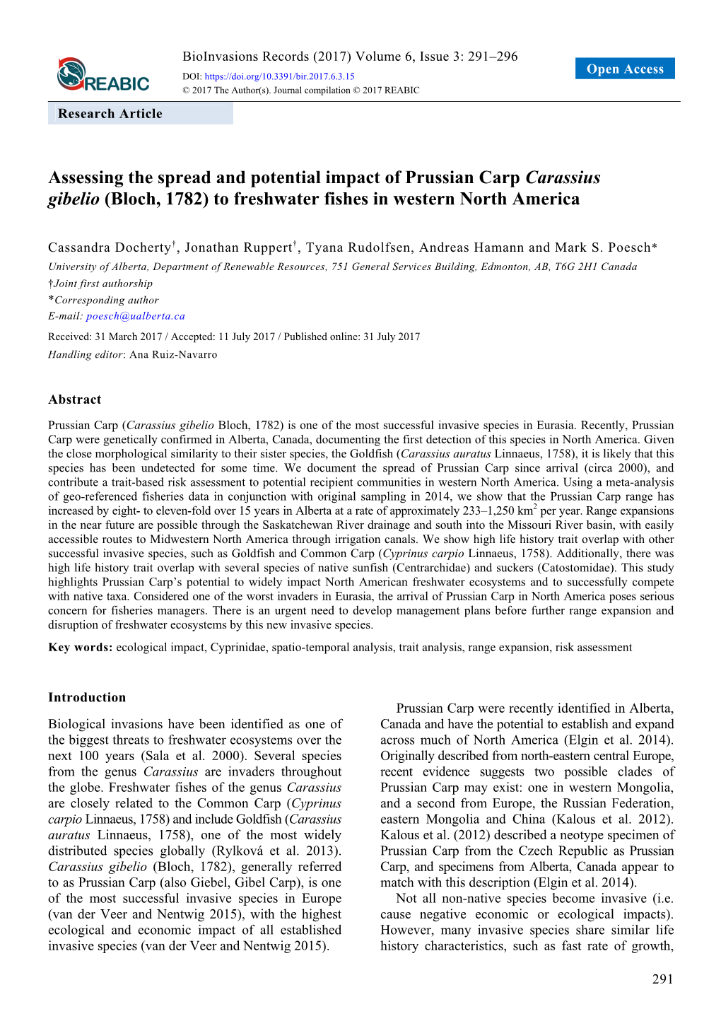 Assessing the Spread and Potential Impact of Prussian Carp Carassius Gibelio (Bloch, 1782) to Freshwater Fishes in Western North America