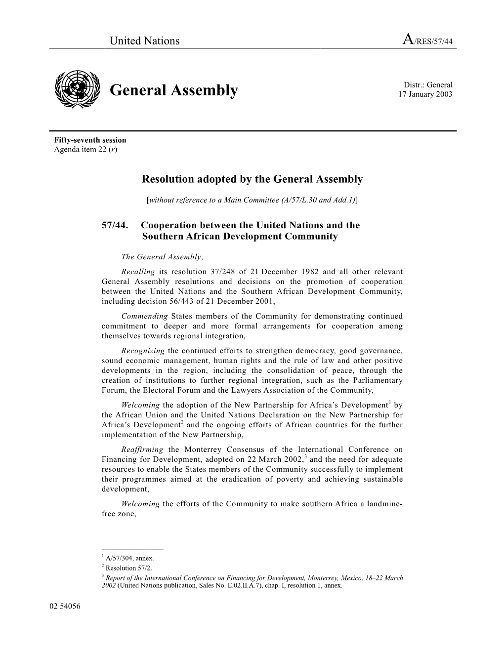 A/RES/57/44 General Assembly