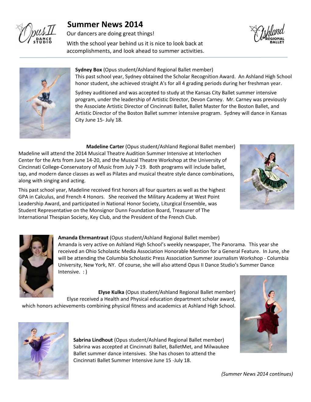 Summer News 2014 Our Dancers Are Doing Great Things!