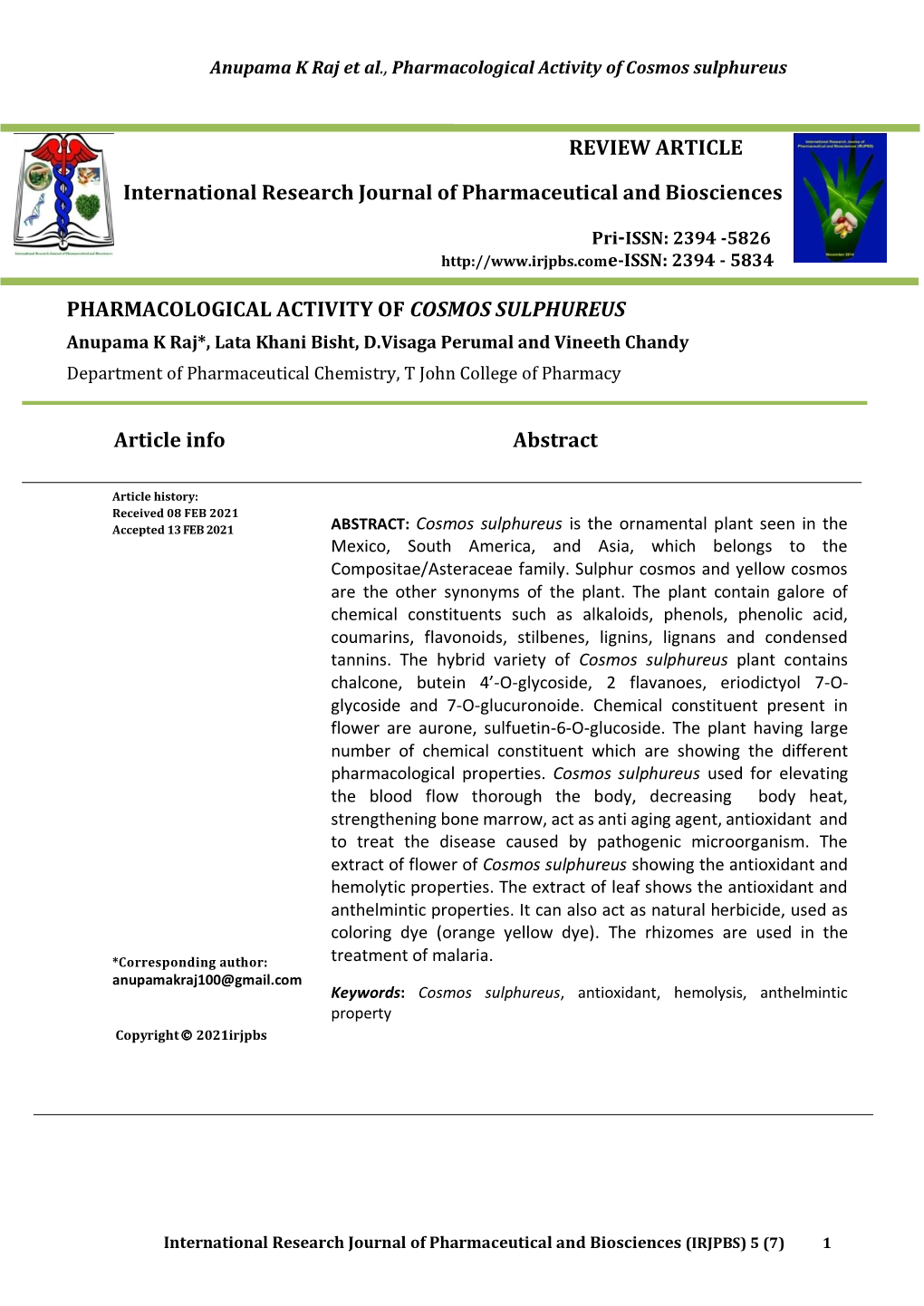 Pharmacological Activity of Cosmos Sulphureus