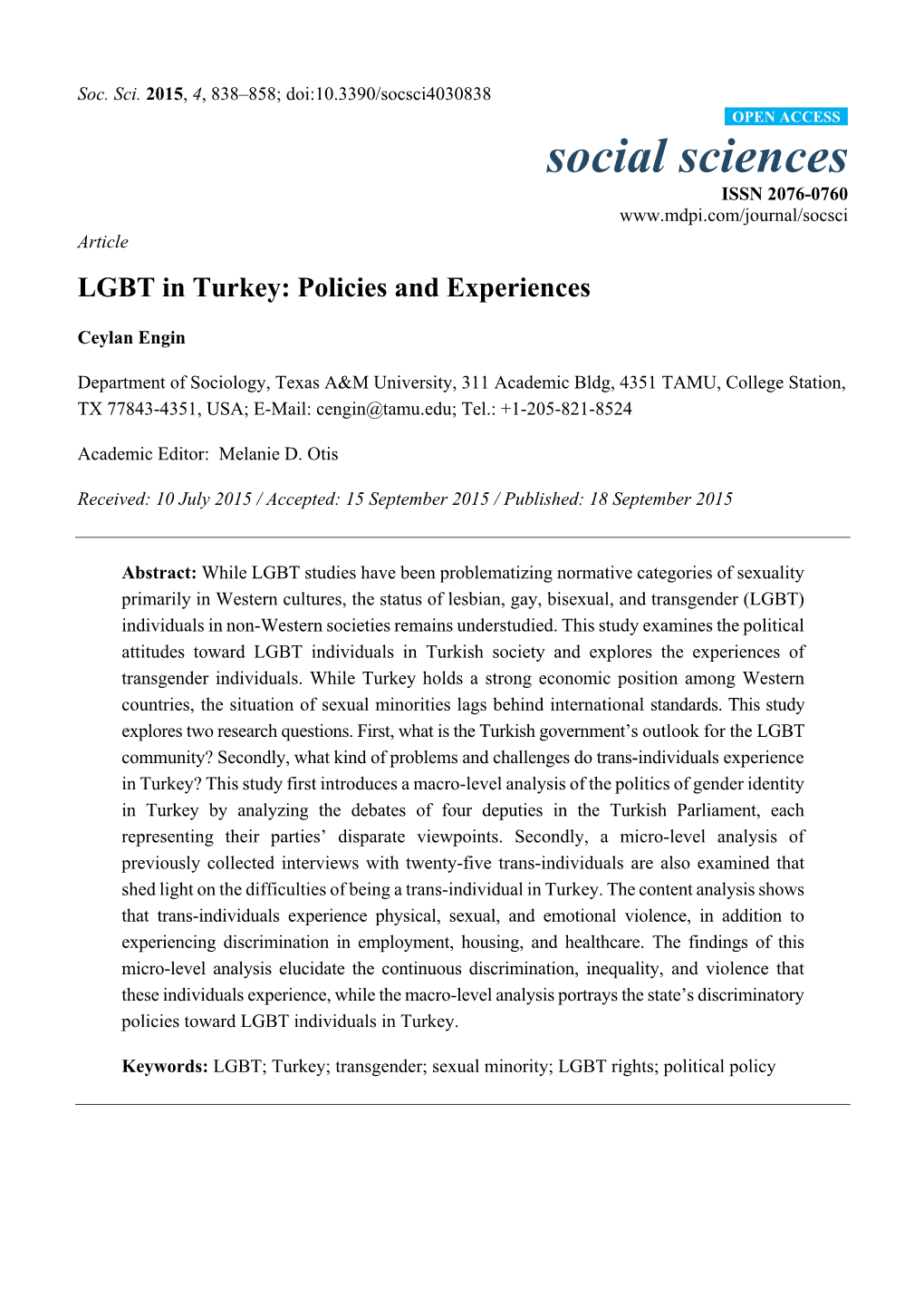 LGBT in Turkey: Policies and Experiences