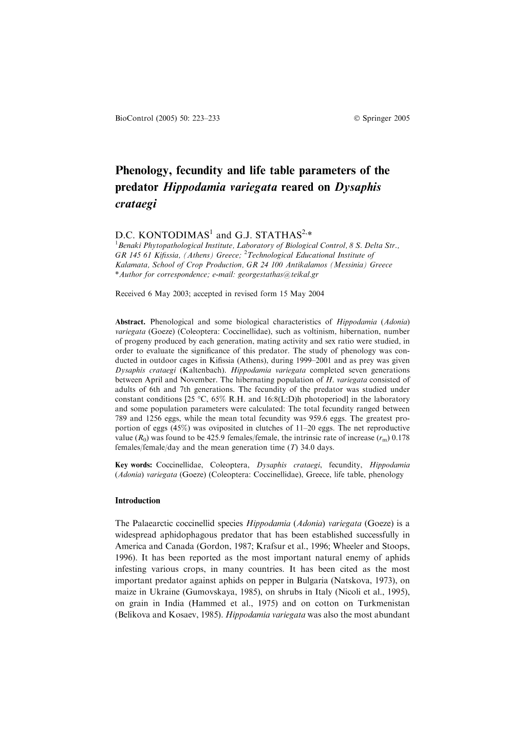 Phenology, Fecundity and Life Table Parameters of the Predator Hippodamia Variegata Reared on Dysaphis Crataegi