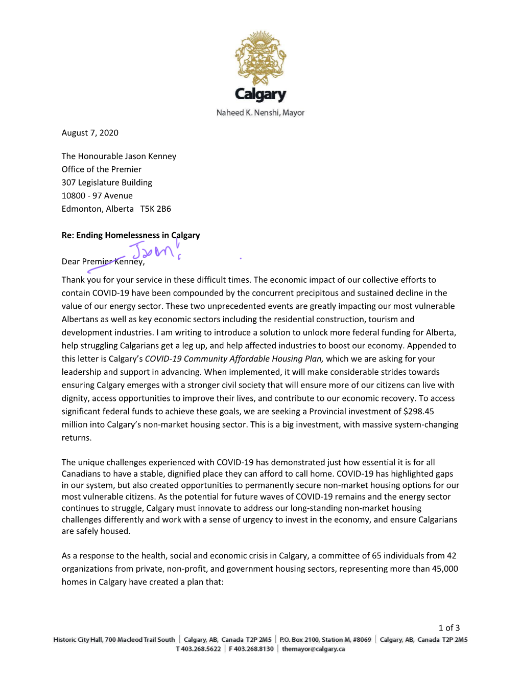 1 of 3 August 7, 2020 the Honourable Jason Kenney Office of the Premier