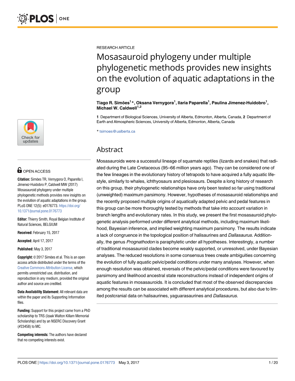 Mosasauroid Phylogeny Under Multiple Phylogenetic Methods Provides New Insights on the Evolution of Aquatic Adaptations in the Group