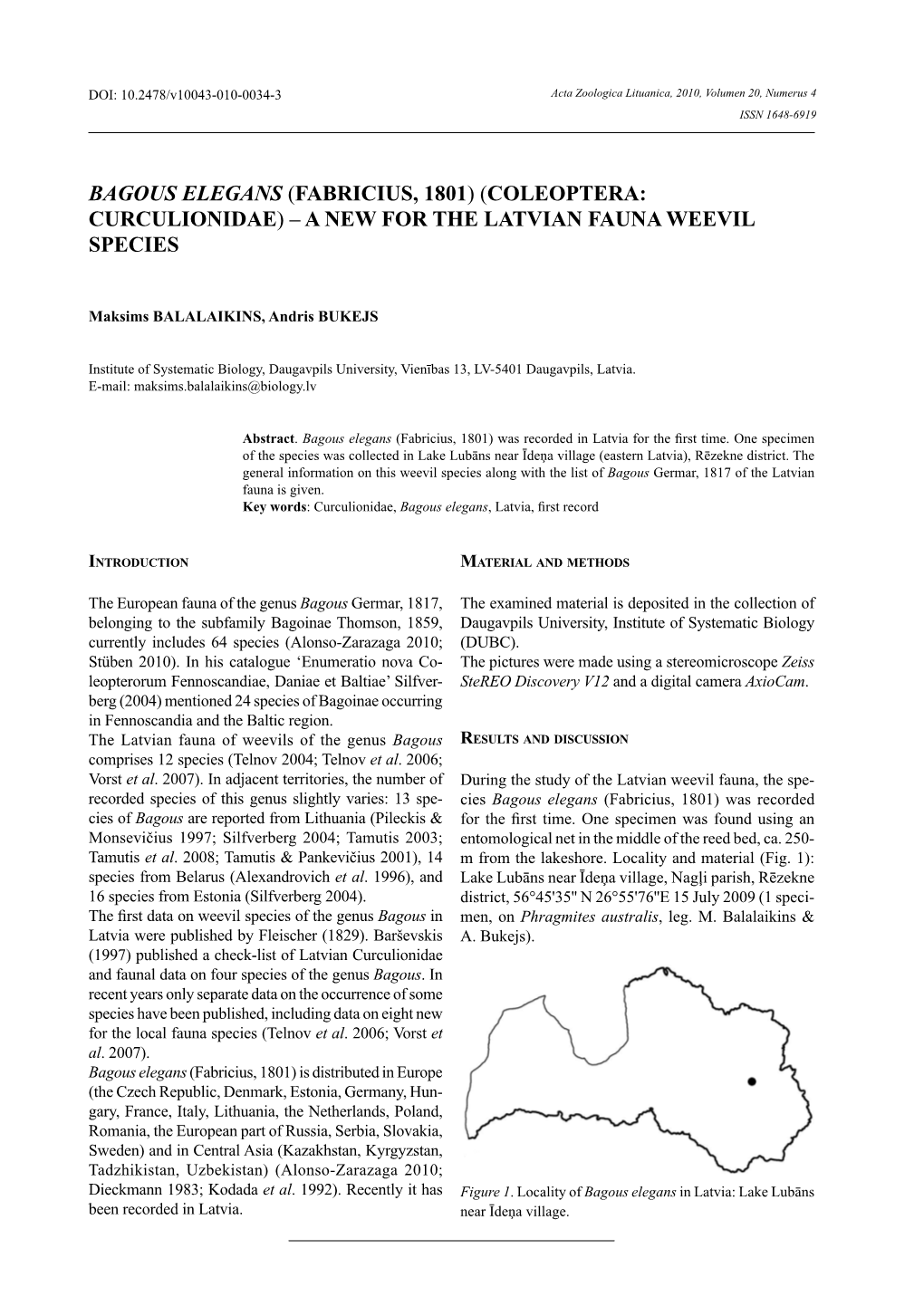 Bagous Elegans (Fabricius, 1801) (Coleoptera: Curculionidae) – a New for the Latvian Fauna Weevil Species
