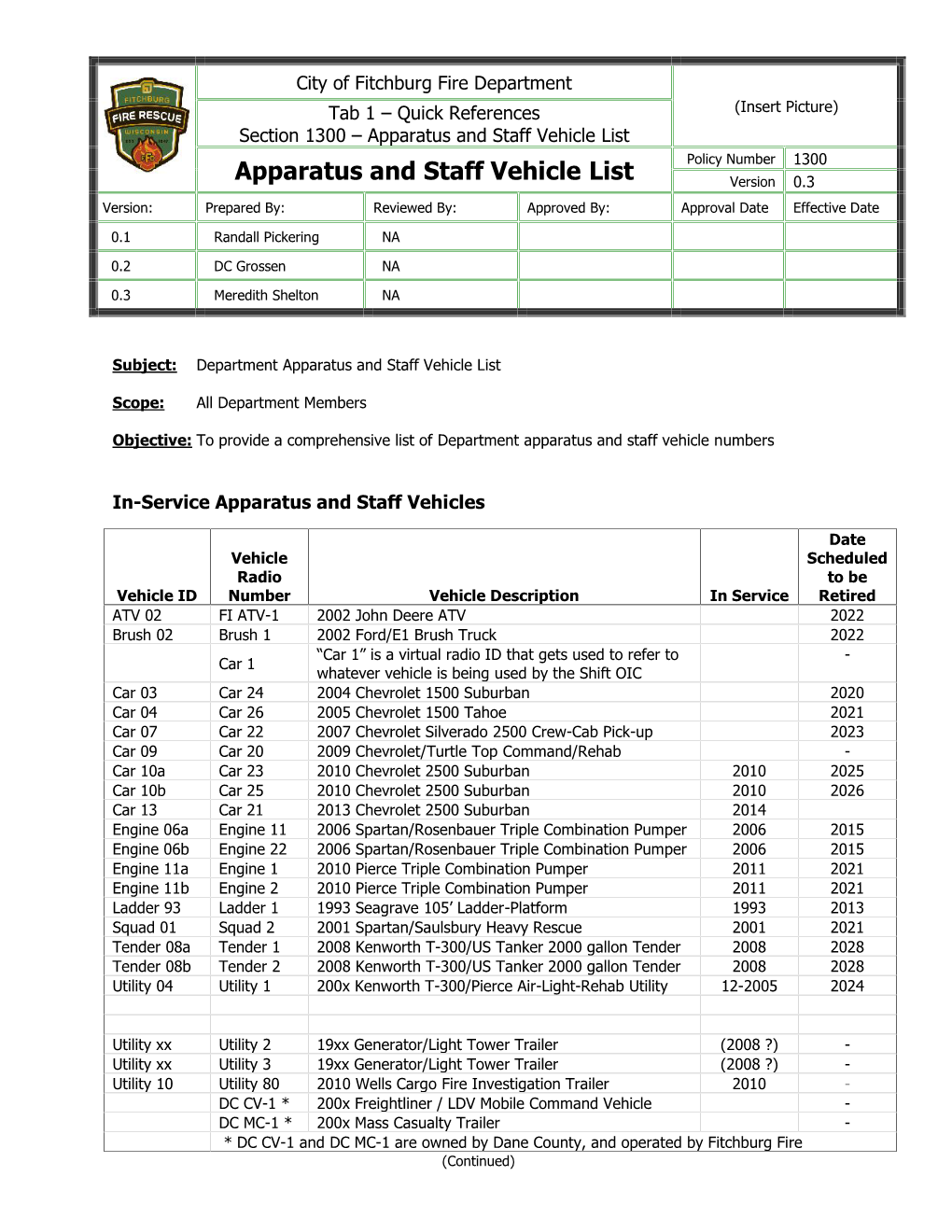 Apparatus and Staff Vehicle List