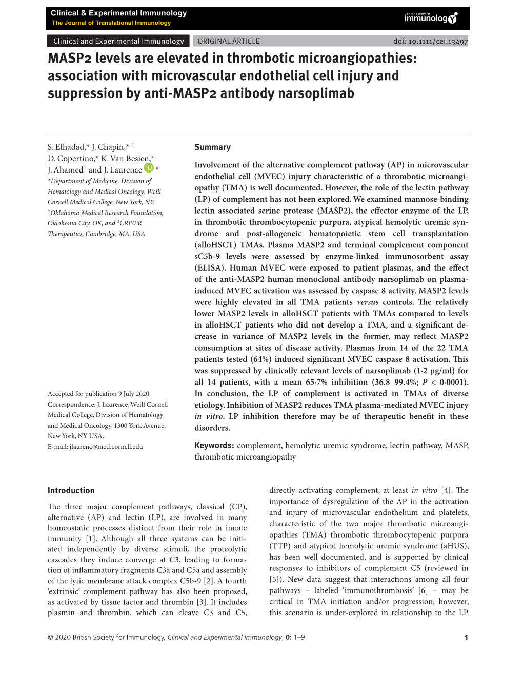 MASP2 Levels Are Elevated in Thrombotic Microangiopathies: Association with Microvascular Endothelial Cell Injury and Suppression by Anti-MASP2 Antibody Narsoplimab