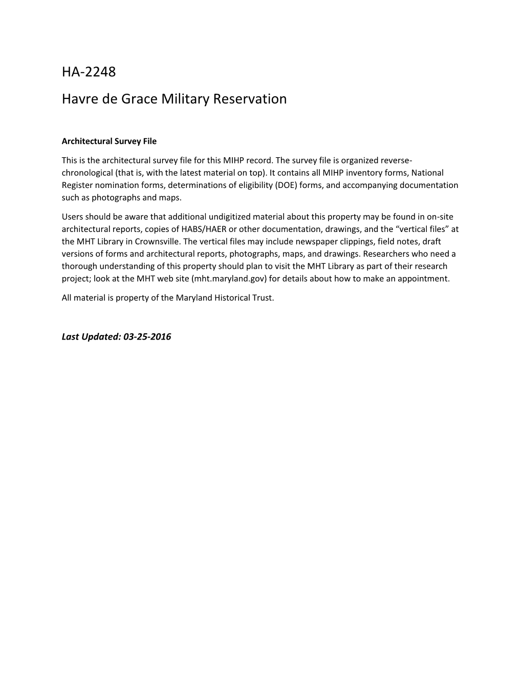 HA-2248 Havre De Grace Military Reservation