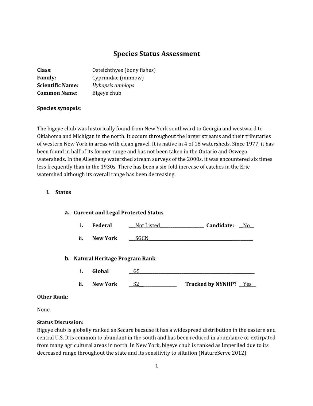 Species Assessment for Bigeye Chub