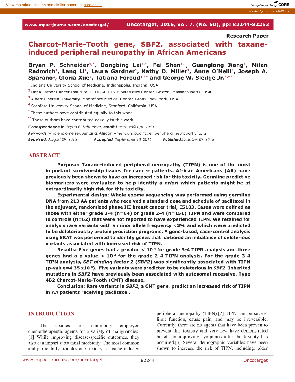 Charcot-Marie-Tooth Gene, SBF2, Associated with Taxane- Induced Peripheral Neuropathy in African Americans