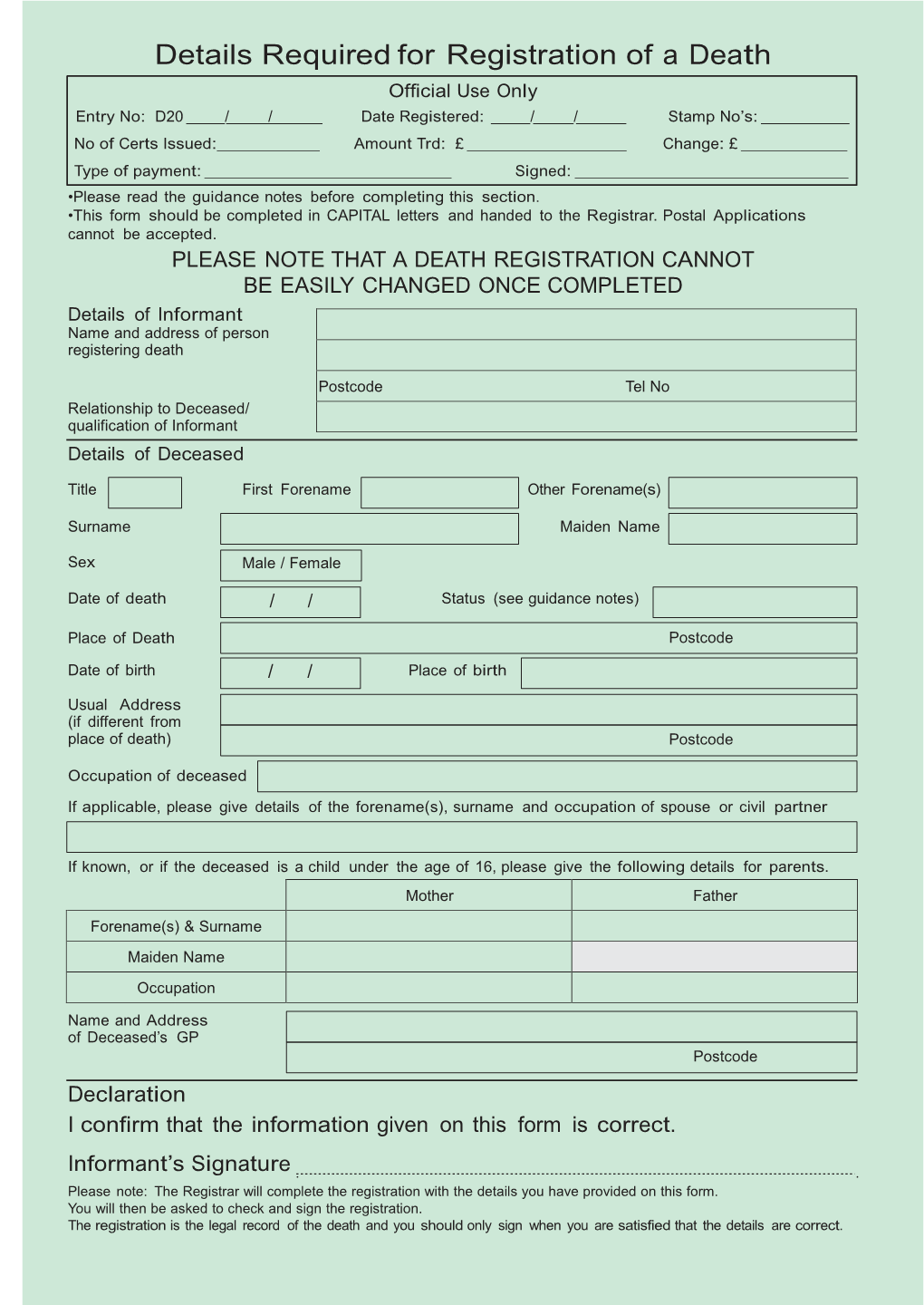 Registration of a Death Form (GRO