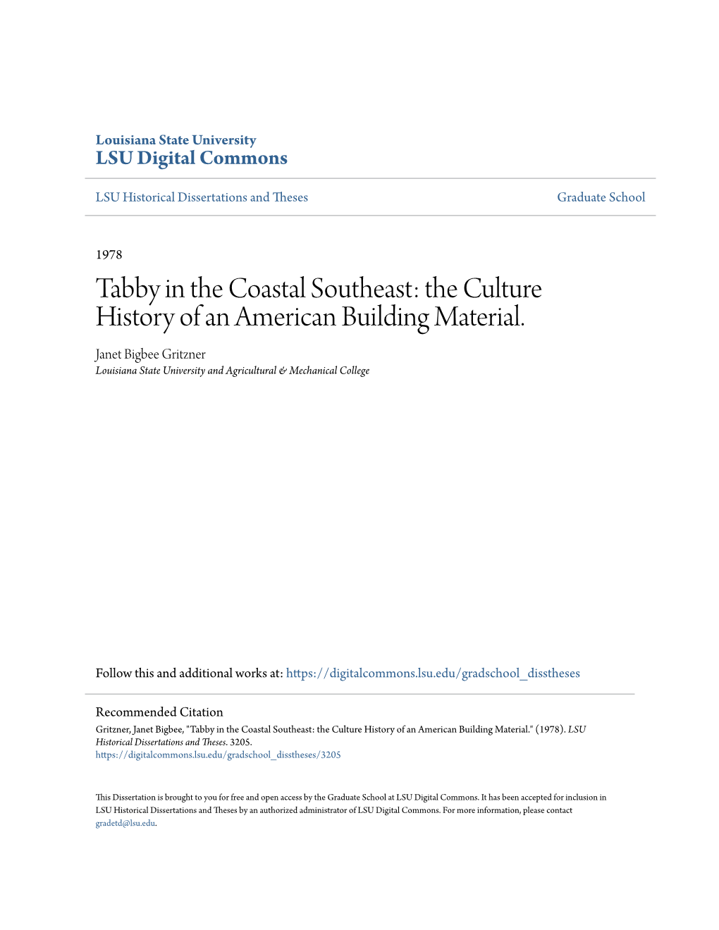 Tabby in the Coastal Southeast: the Culture History of an American Building Material