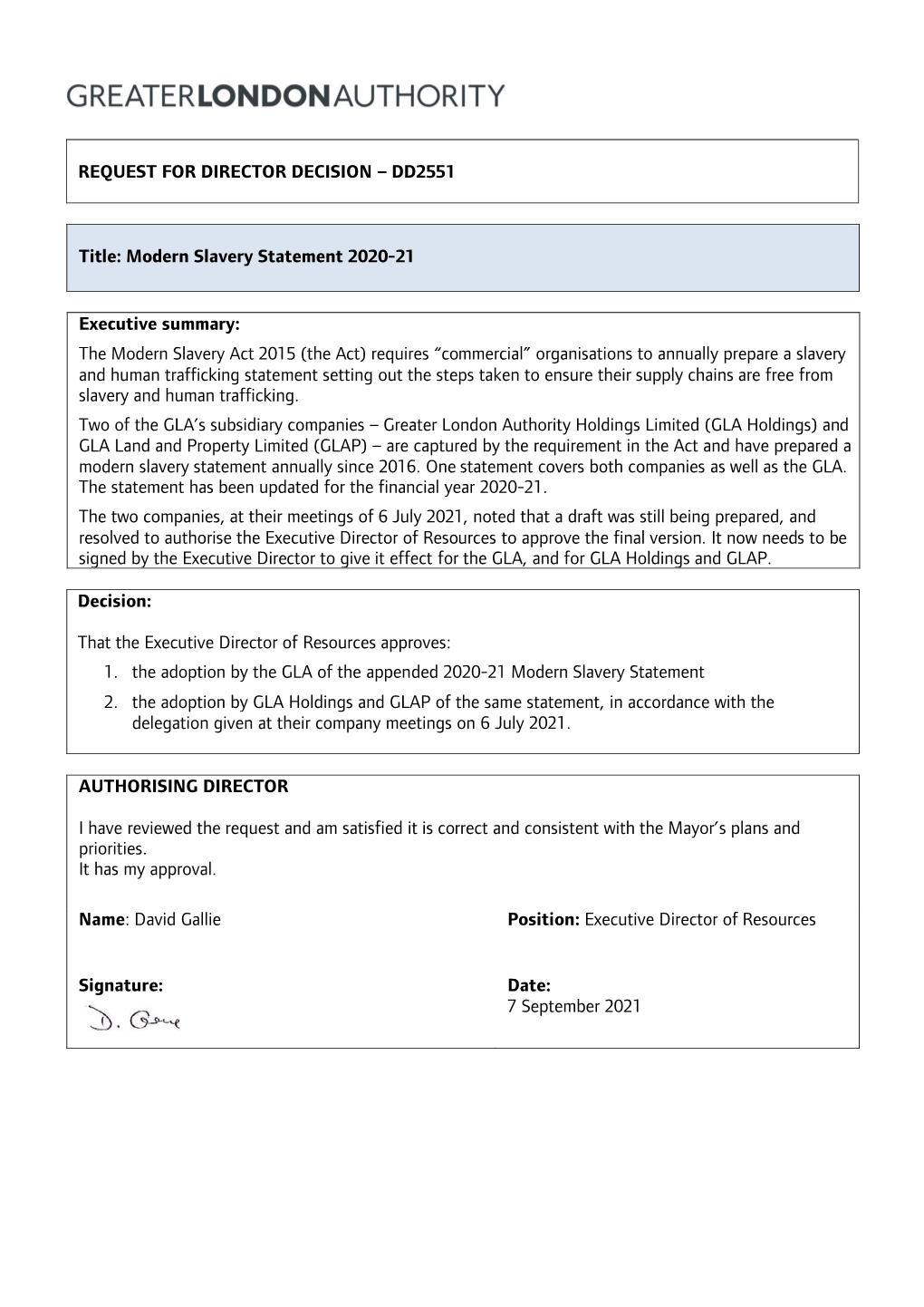 Greater London Authority Modern Slavery Statement 2019/20