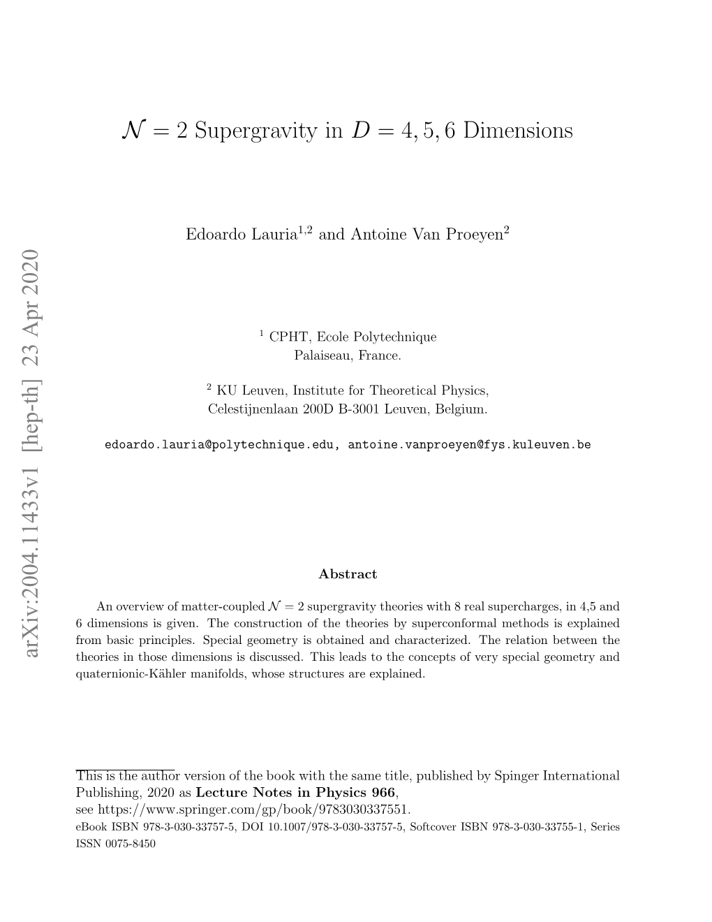 N = 2 Supergravity in D = 4,5,6 Dimensions Arxiv:2004.11433V1