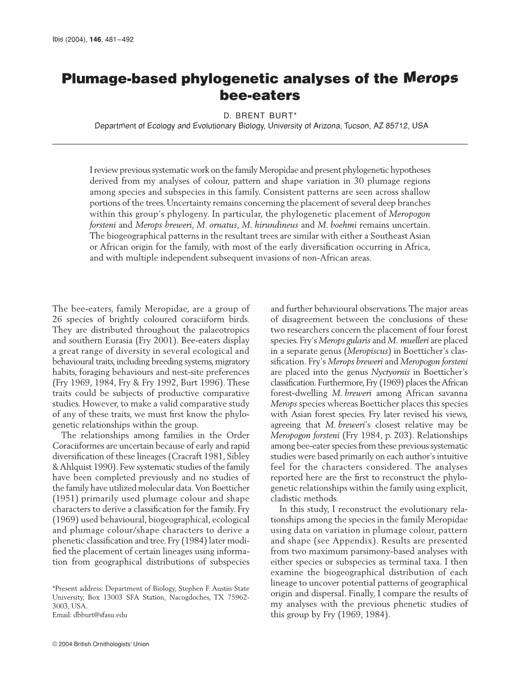 Plumage-Based Phylogenetic Analyses of the Merops Bee-Eaters