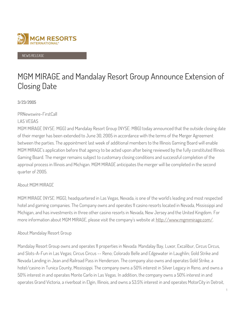 MGM MIRAGE and Mandalay Resort Group Announce Extension of Closing Date