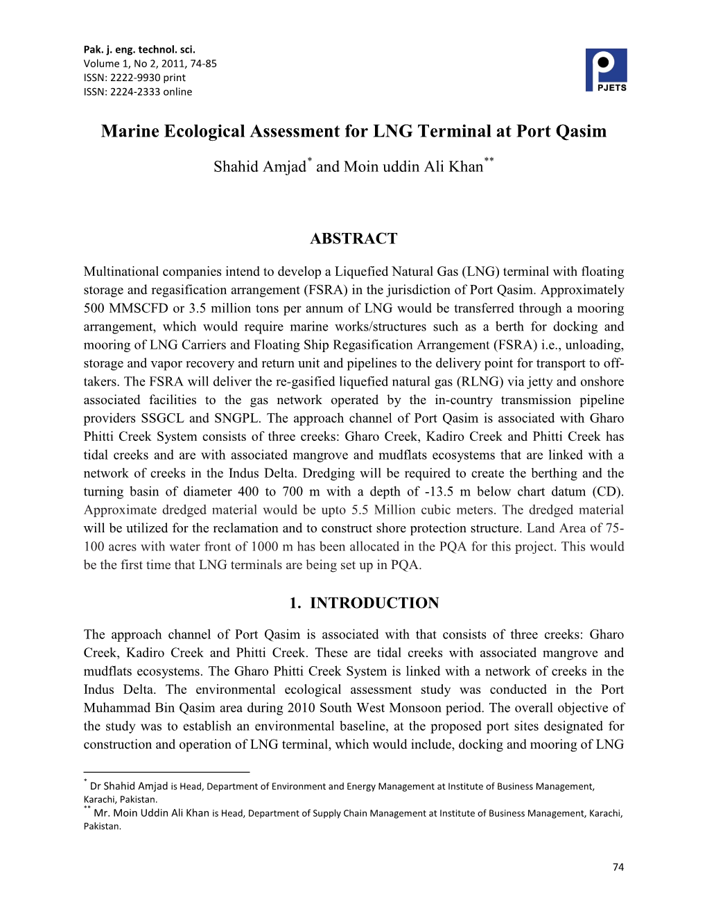 Marine Ecological Assessment for LNG Terminal at Port Qasim