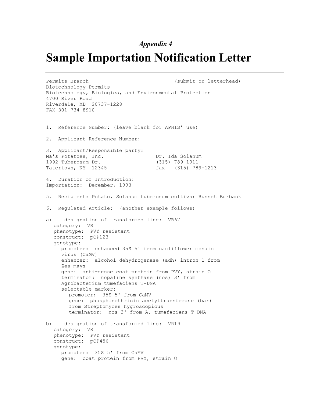 Sample Importation Notification Letter