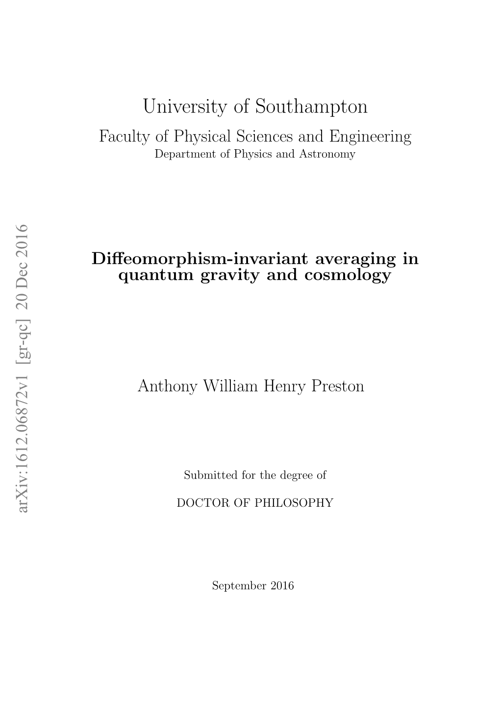 University of Southampton Faculty of Physical Sciences and Engineering Department of Physics and Astronomy