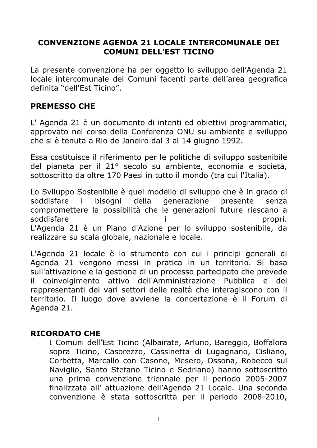 Convenzione Agenda 21 Locale Intercomunale Dei Comuni Dell’Est Ticino