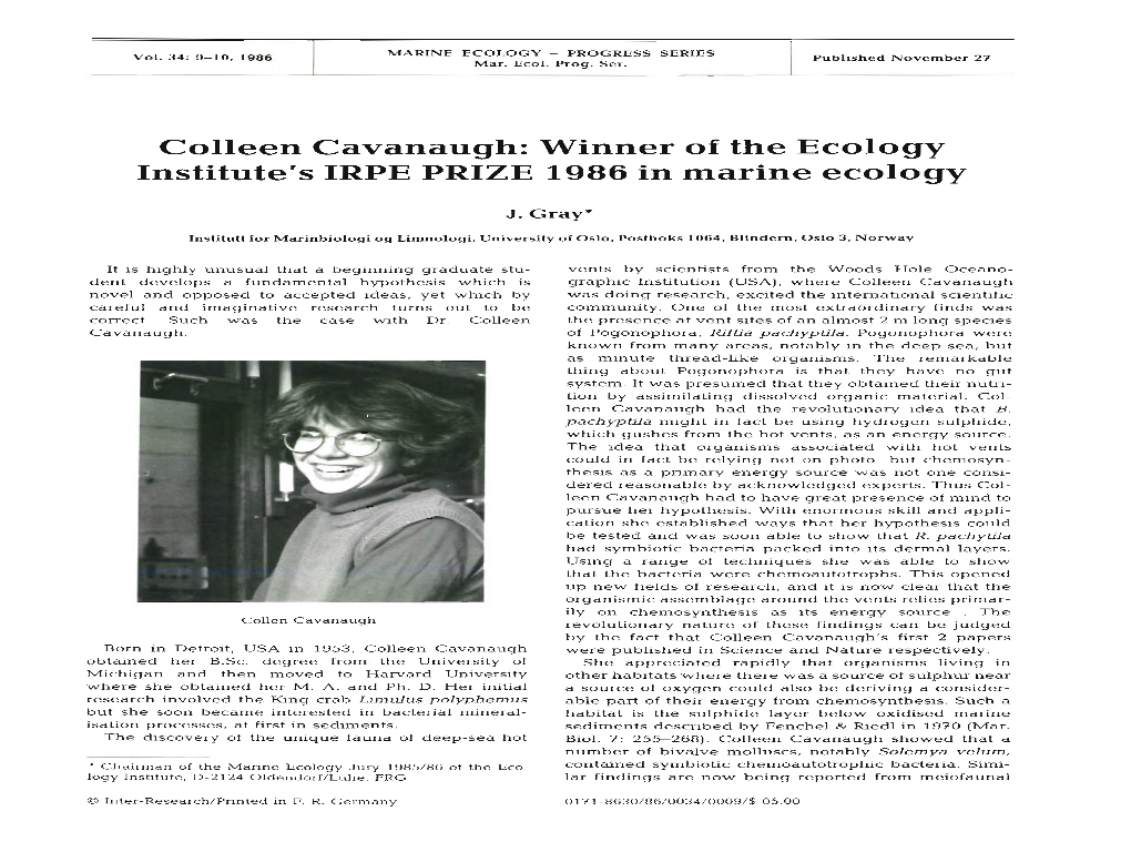 Colleen Cavanaugh: Winner of the Ecology Institute's IRPE PRIZE1986 in Marine Ecology
