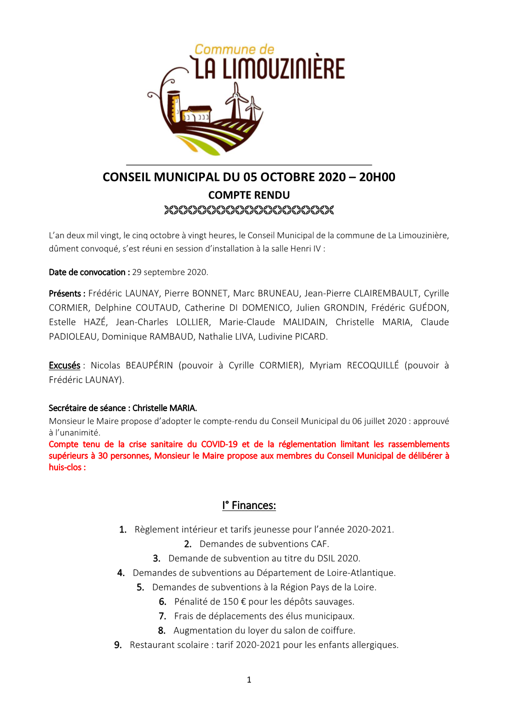 Conseil Municipal Du 05 Octobre 2020 – 20H00 Compte Rendu 