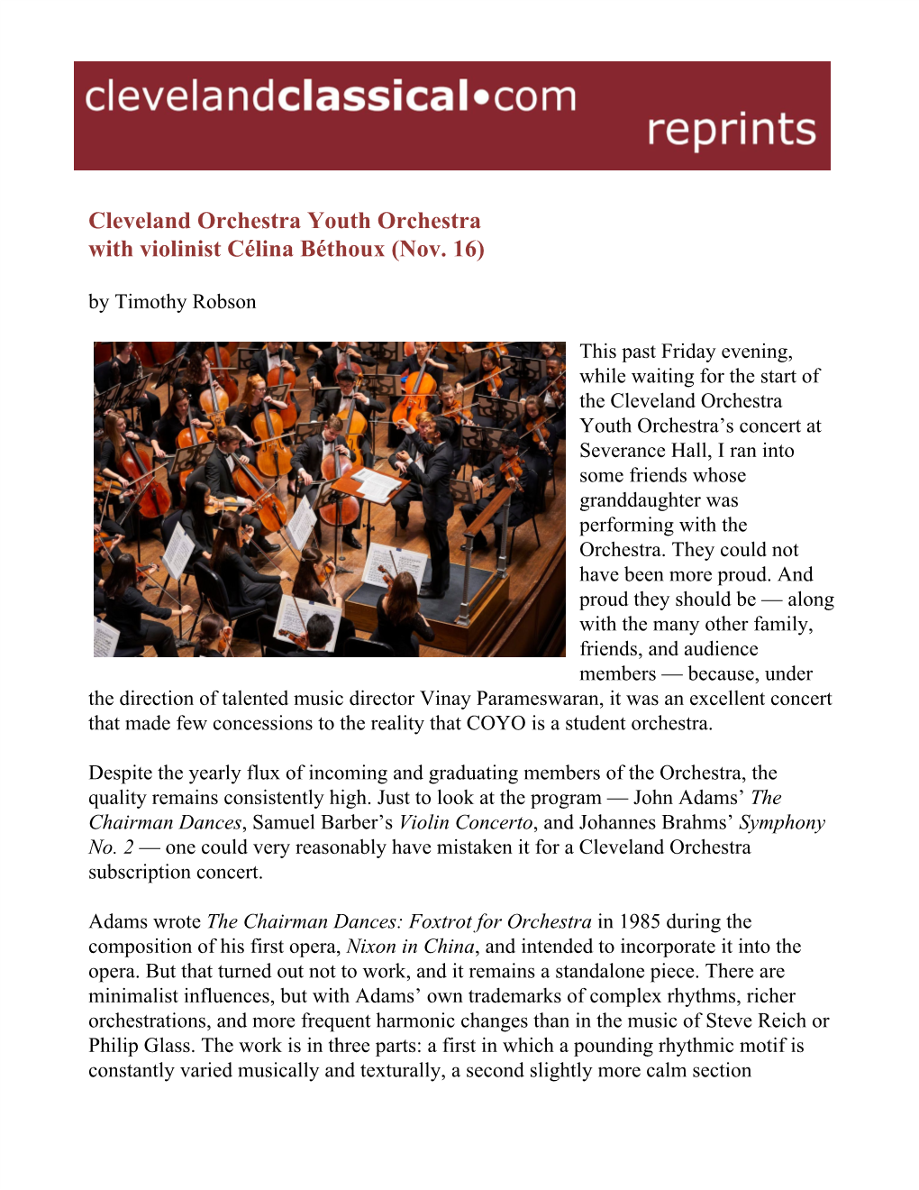 Cleveland Orchestra Youth Orchestra with Violinist Célina Béthoux (Nov