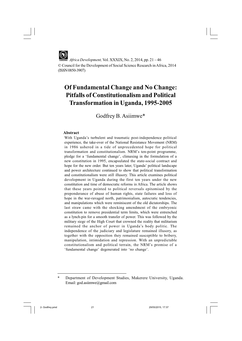 Pitfalls of Constitutionalism and Political Transformation in Uganda, 1995-2005