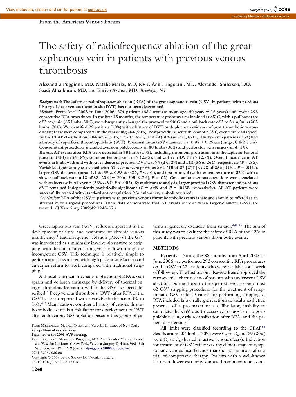 The Safety of Radiofrequency Ablation of the Great Saphenous Vein in Patients with Previous Venous Thrombosis