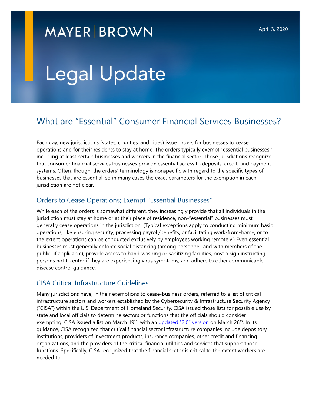 What Are “Essential” Consumer Financial Services Businesses?
