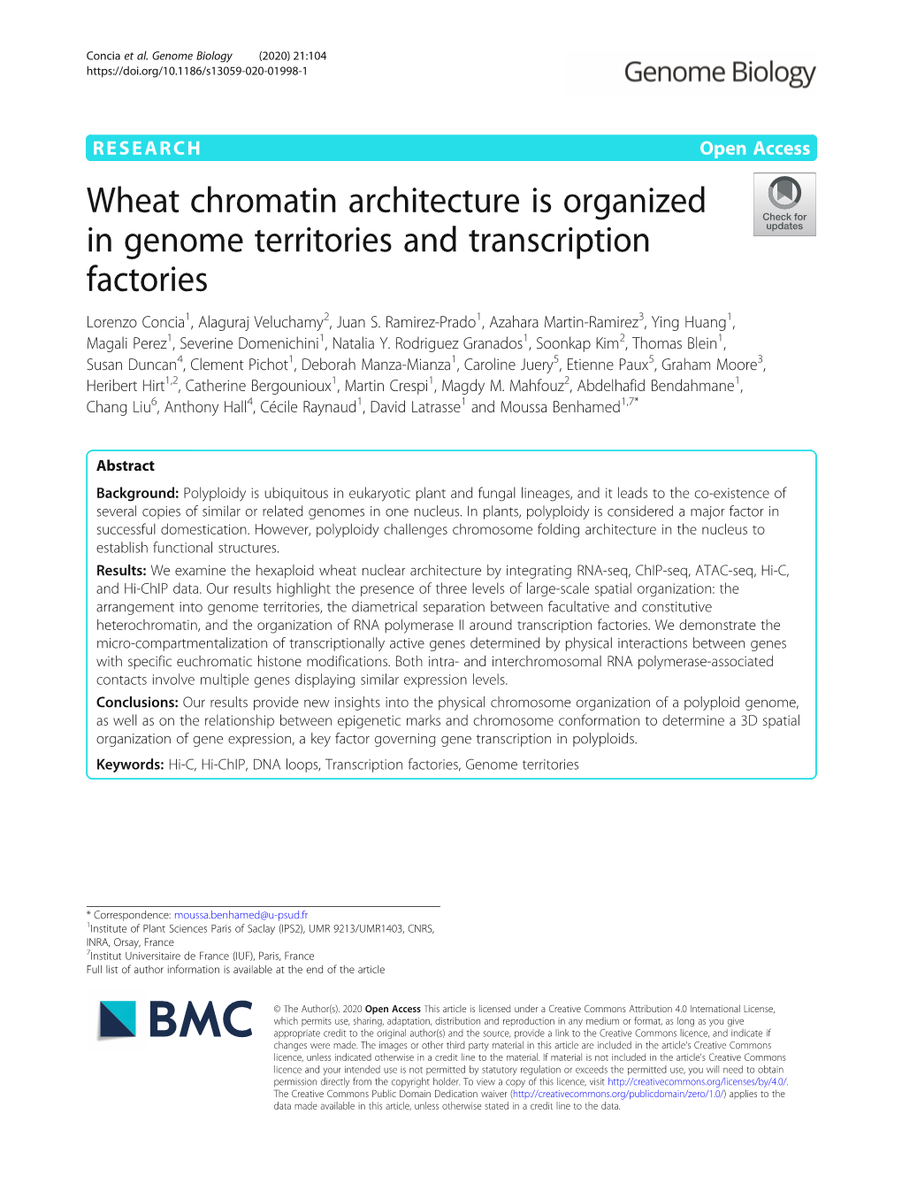 Wheat Chromatin Architecture Is Organized in Genome Territories and Transcription Factories Lorenzo Concia1, Alaguraj Veluchamy2, Juan S