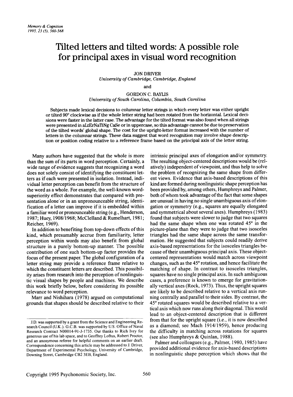 Tilted Letters and Tilted Words: a Possible Role for Principal Axes in Visual Word Recognition