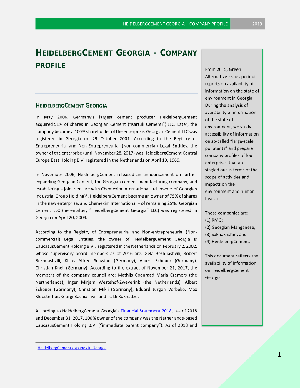 Heidelbergcement Georgia – Company Profile 2019