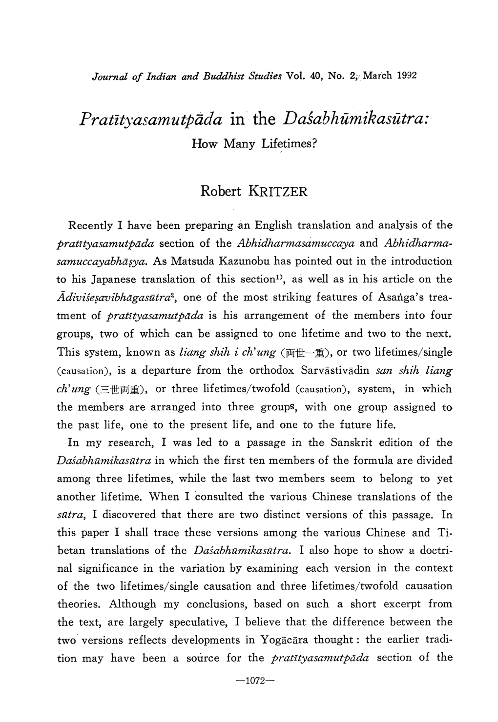 Pratityasamutpada in the Dasabhumikasutra: How Many Lifetimes?