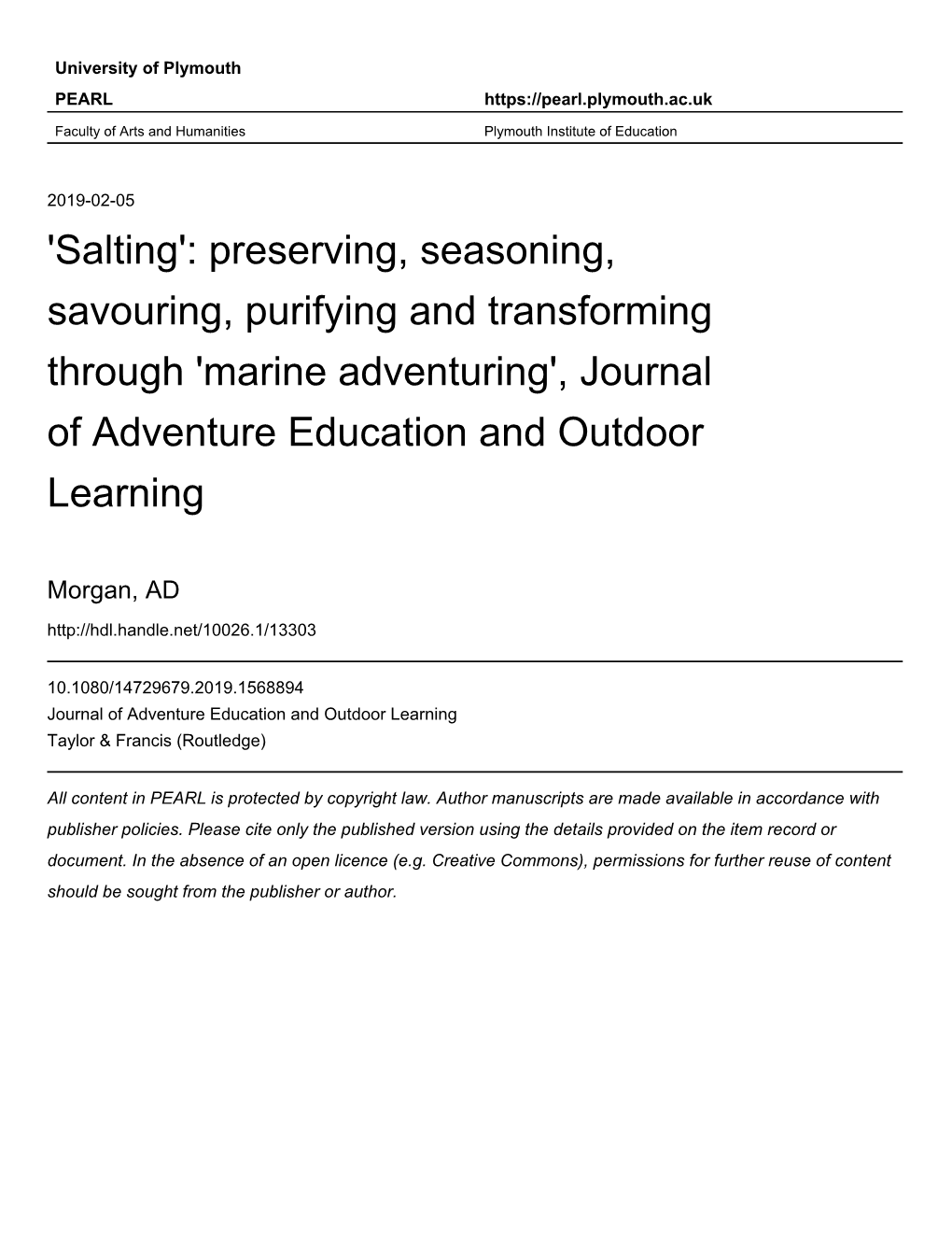 'Salting': Preserving, Seasoning, Savouring, Purifying and Transforming Through 'Marine Adventuring', Journal of Adventure Education and Outdoor Learning