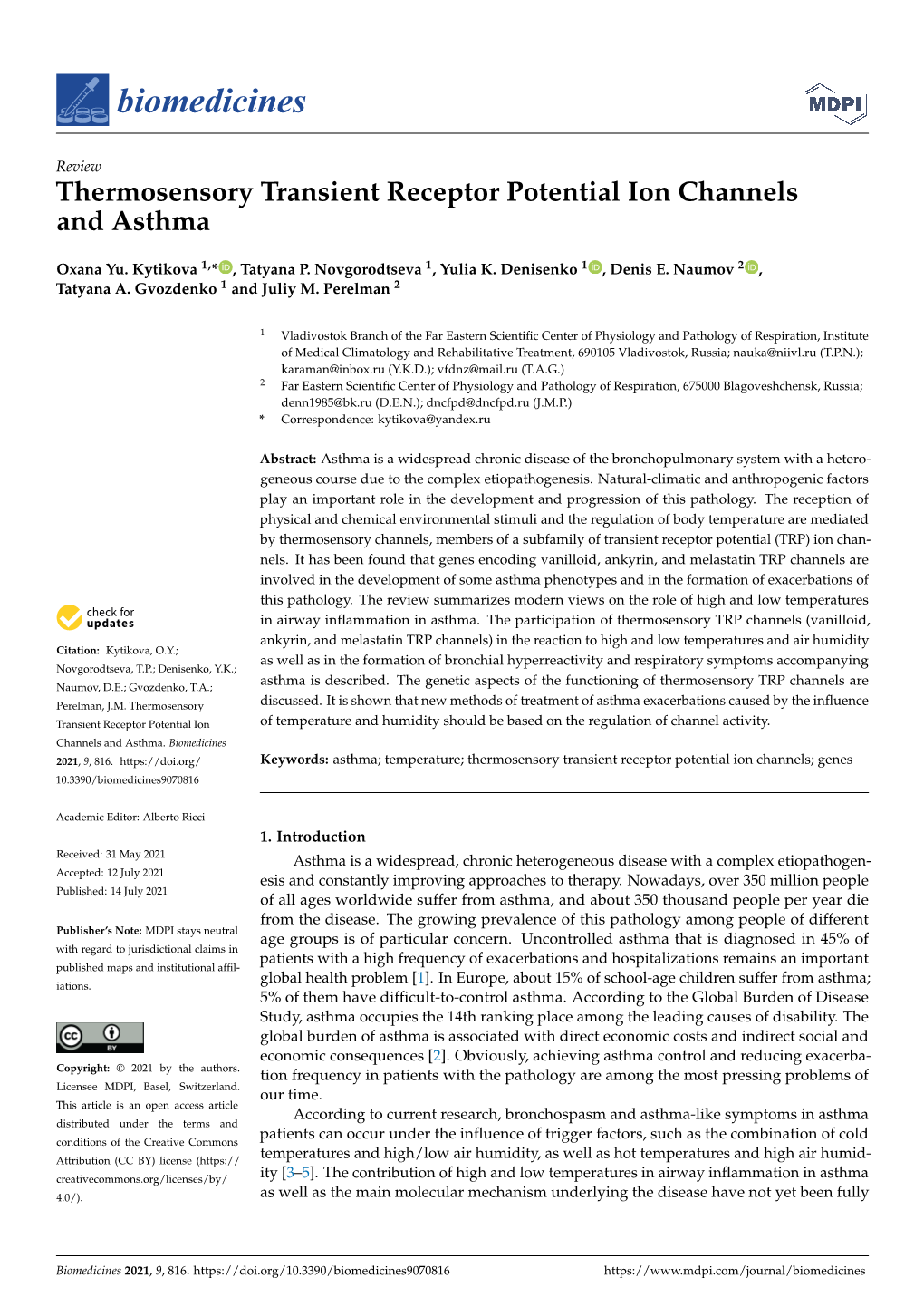 Thermosensory Transient Receptor Potential Ion Channels and Asthma