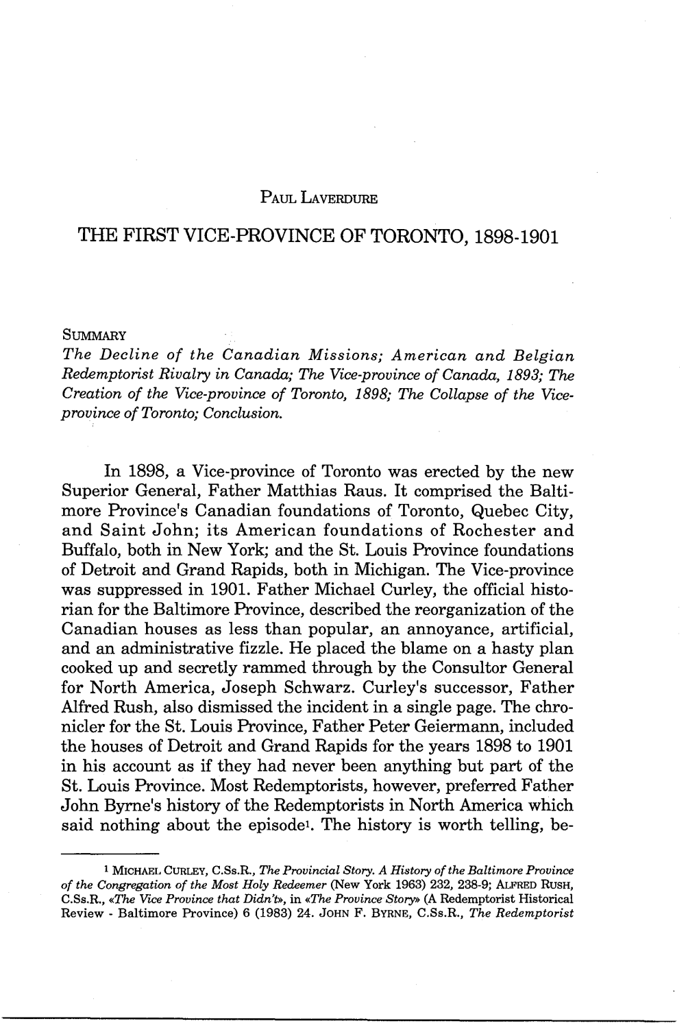 The First Vice-Province of Toronto, 1898-1901