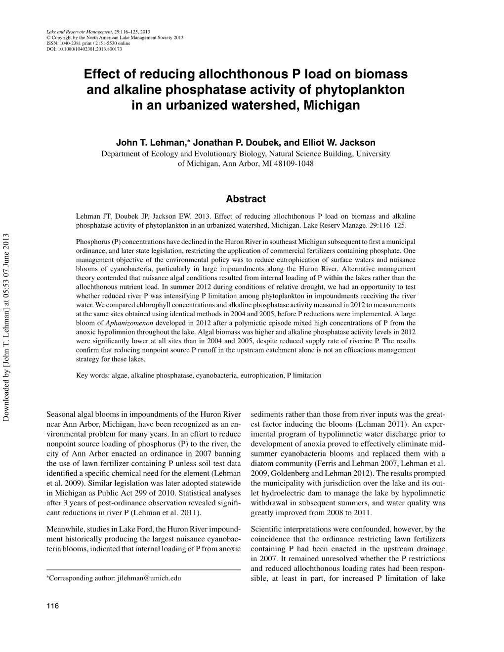 Effect of Reducing Allochthonous P Load on Biomass and Alkaline Phosphatase Activity of Phytoplankton in an Urbanized Watershed, Michigan