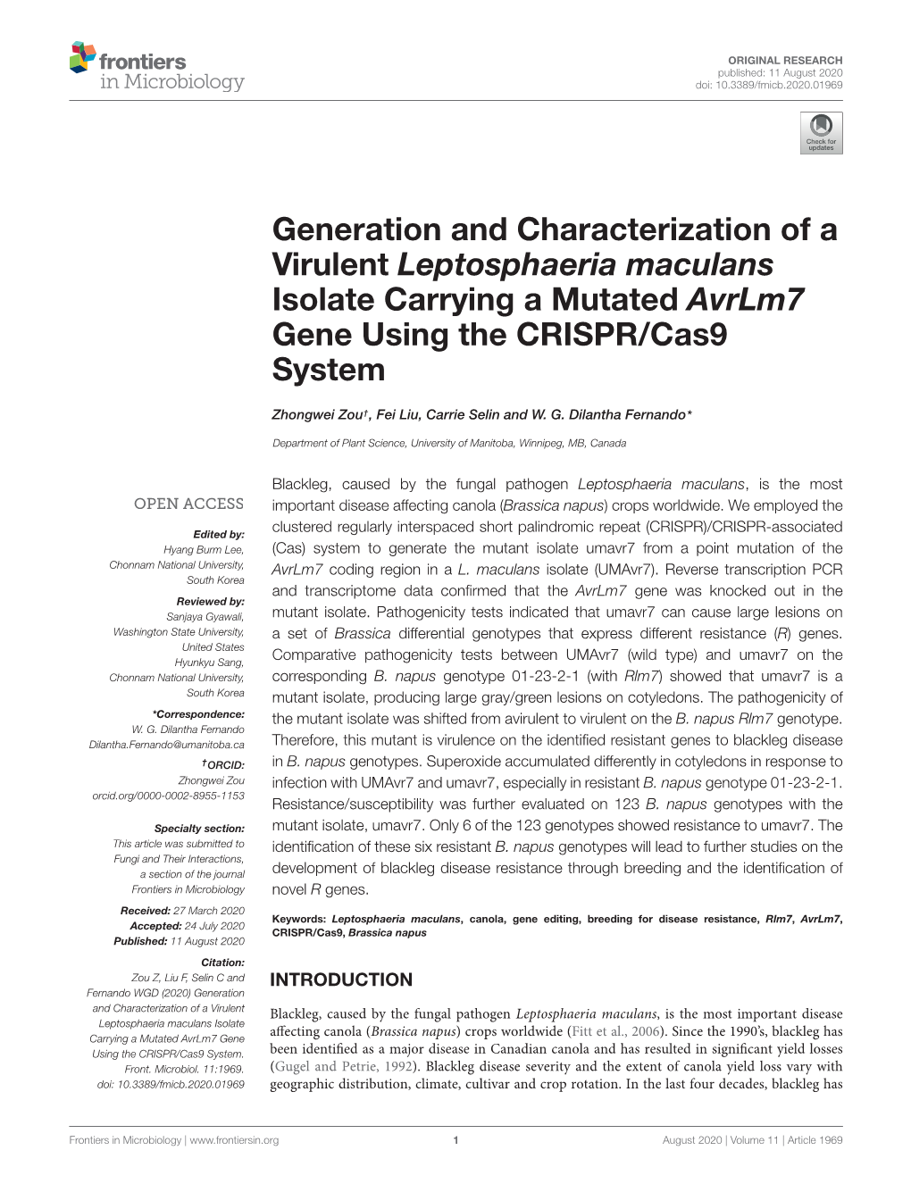 Generation and Characterization of a Virulent Leptosphaeria Maculans Isolate Carrying a Mutated Avrlm7 Gene Using the CRISPR/Cas9 System