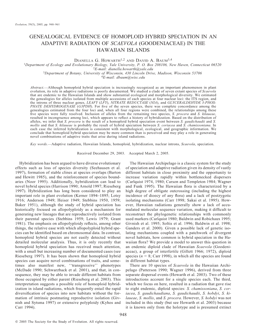 Genealogical Evidence of Homoploid Hybrid Speciation in an Adaptive Radiation of Scaevola (Goodeniaceae) in the Hawaiian Islands