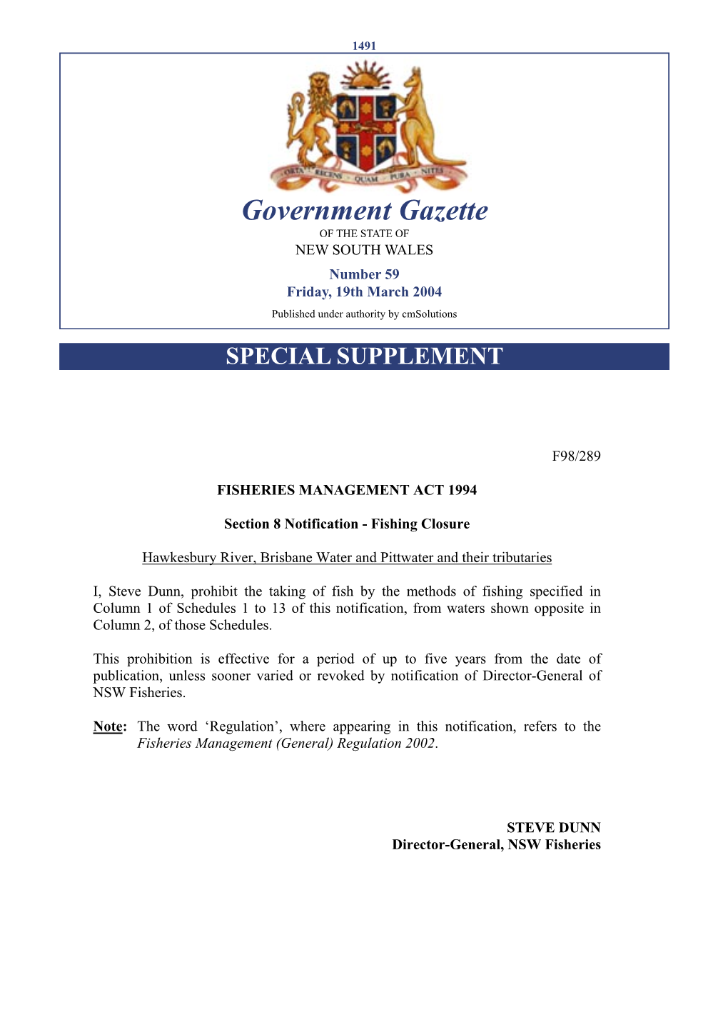 Government Gazette of the STATE of NEW SOUTH WALES Number 59 Friday, 19Th March 2004 Published Under Authority by Cmsolutions