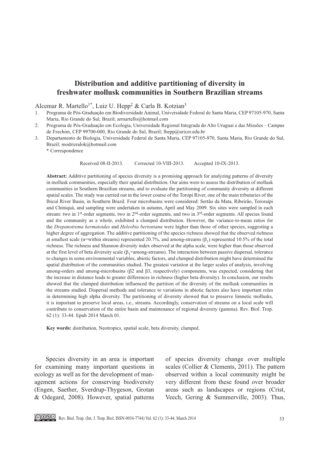 Distribution and Additive Partitioning of Diversity in Freshwater Mollusk Communities in Southern Brazilian Streams