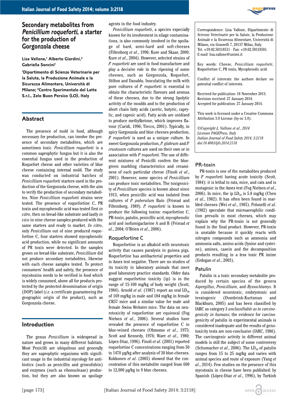 Secondary Metabolites from Penicillium Roqueforti, a Starter for the Production of Gorgonzola Cheese