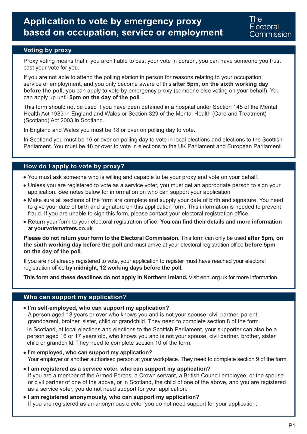 Application to Vote by Emergency Proxy Based on Occupation, Service Or Employment