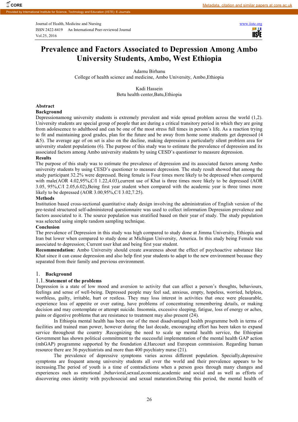 Prevalence and Factors Associated to Depression Among Ambo University Students, Ambo, West Ethiopia