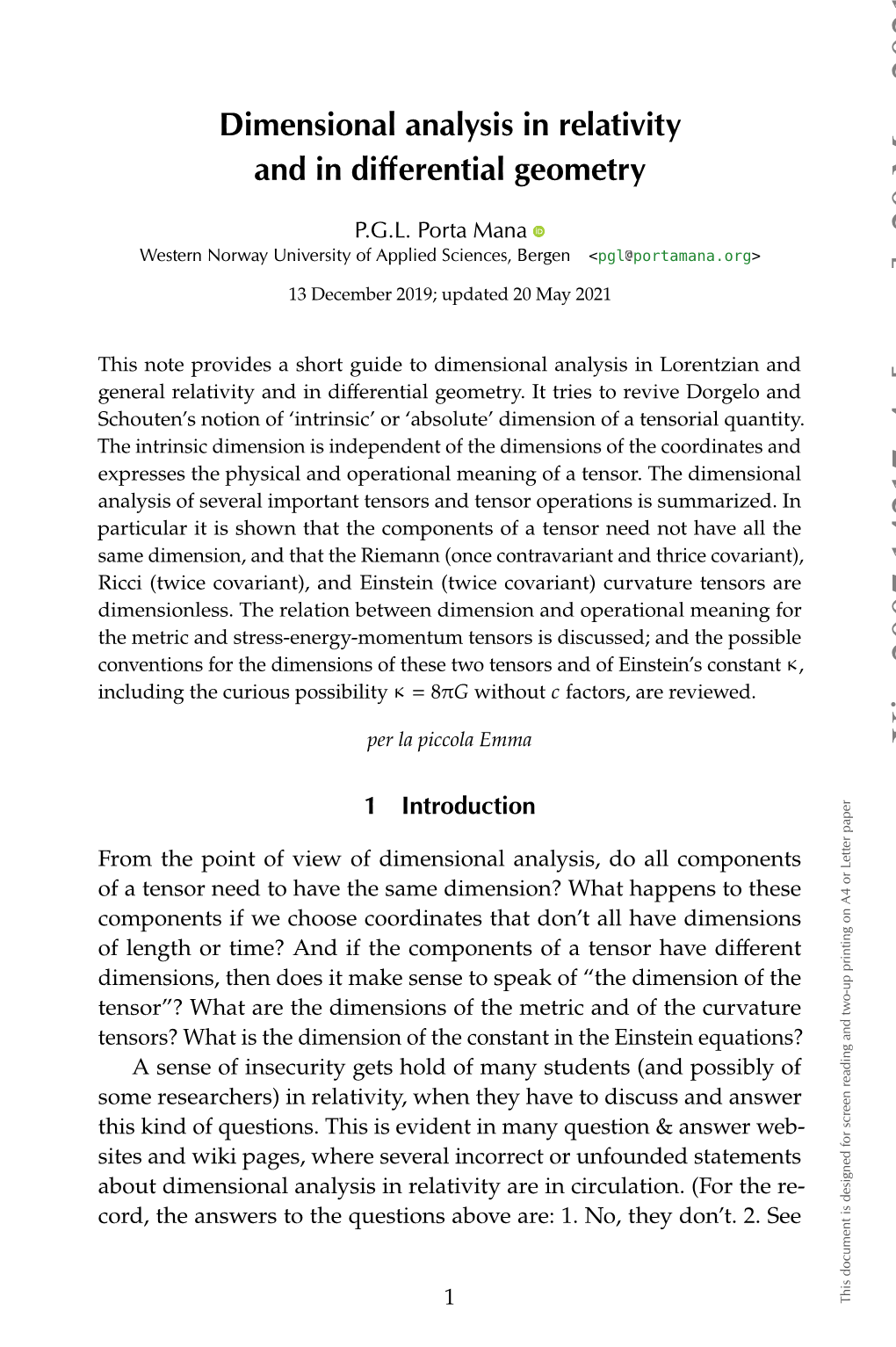 Dimensional Analysis in Relativity and in Differential Geometry