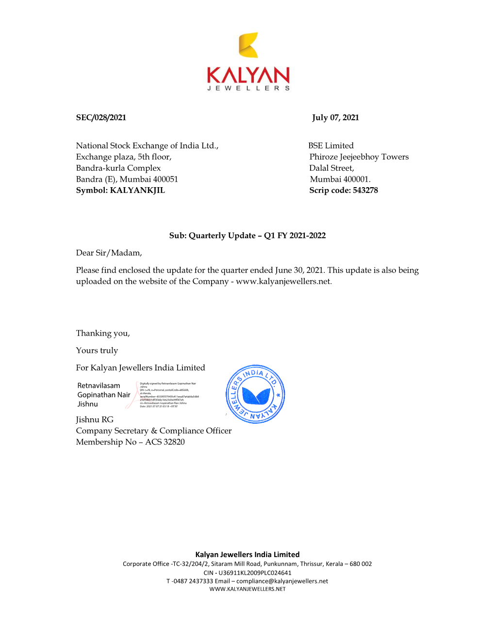 Kalyan Jewellers India Limited SEC/028/2021 July 07, 2021