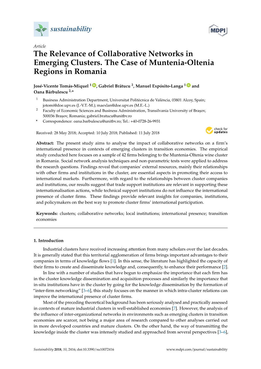 The Relevance of Collaborative Networks in Emerging Clusters. the Case of Muntenia-Oltenia Regions in Romania