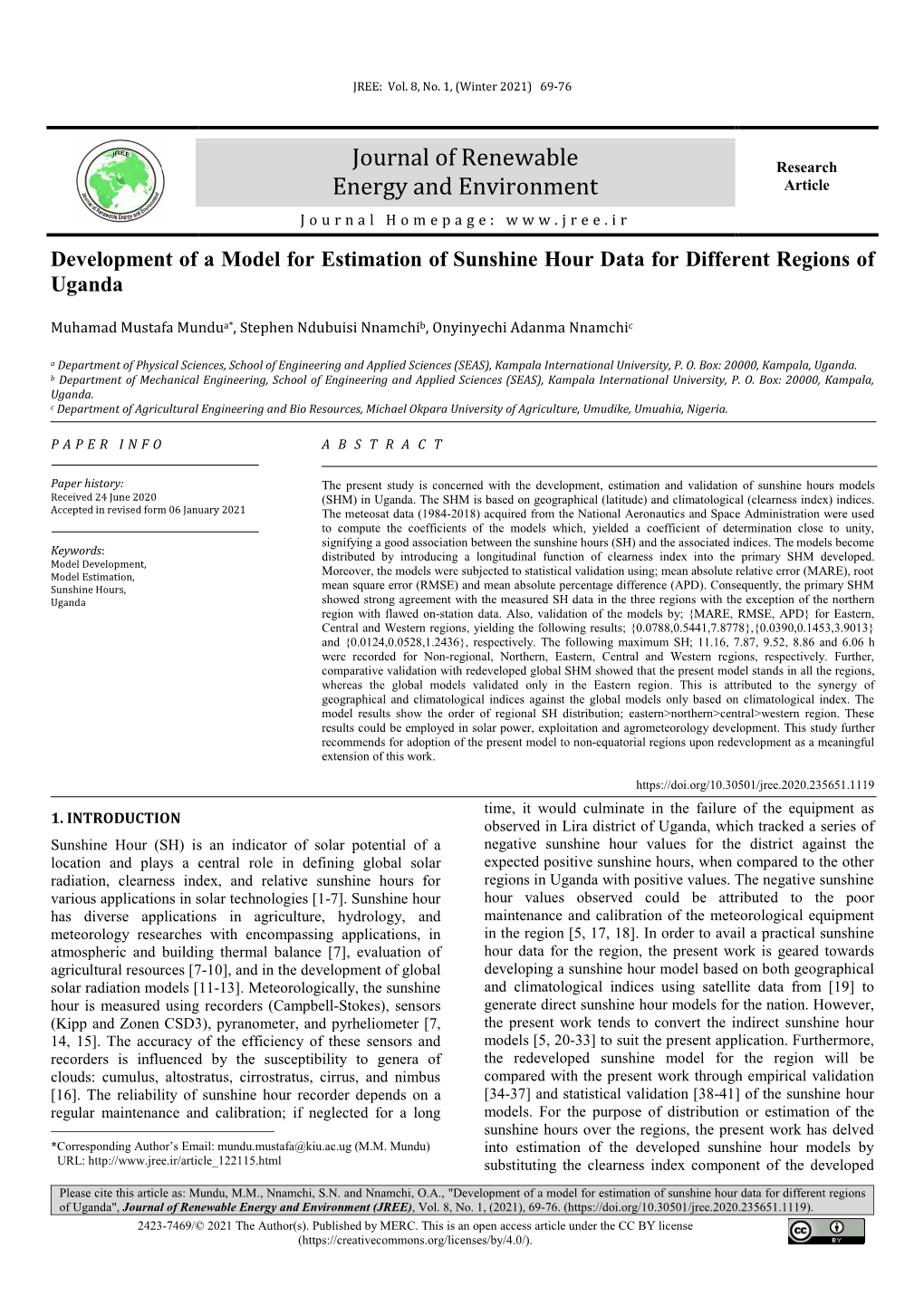 Development of a Model for Estimation of Sunshine Hour Data for Different Regions of Uganda