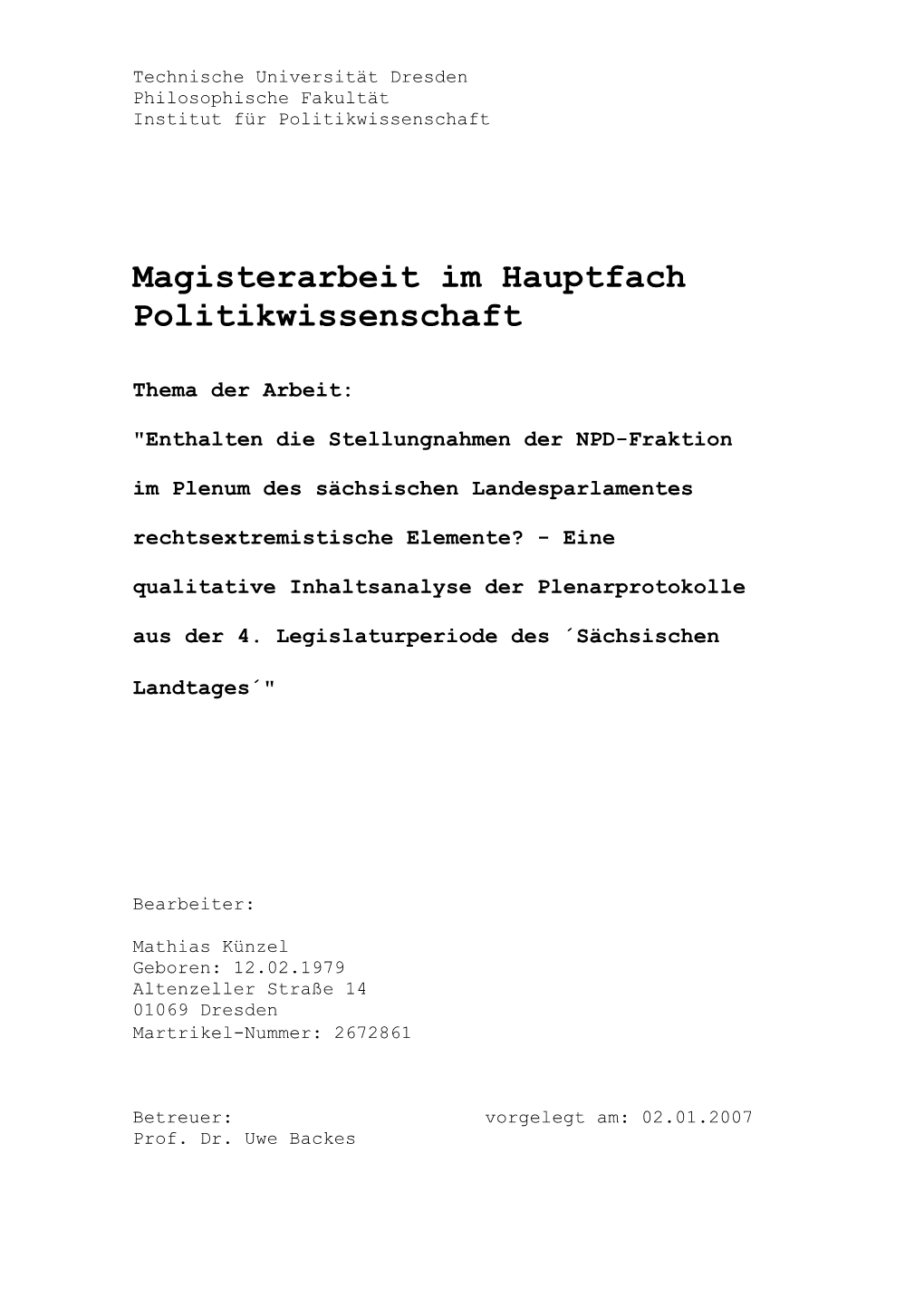 Magisterarbeit Im Hauptfach Politikwissenschaft